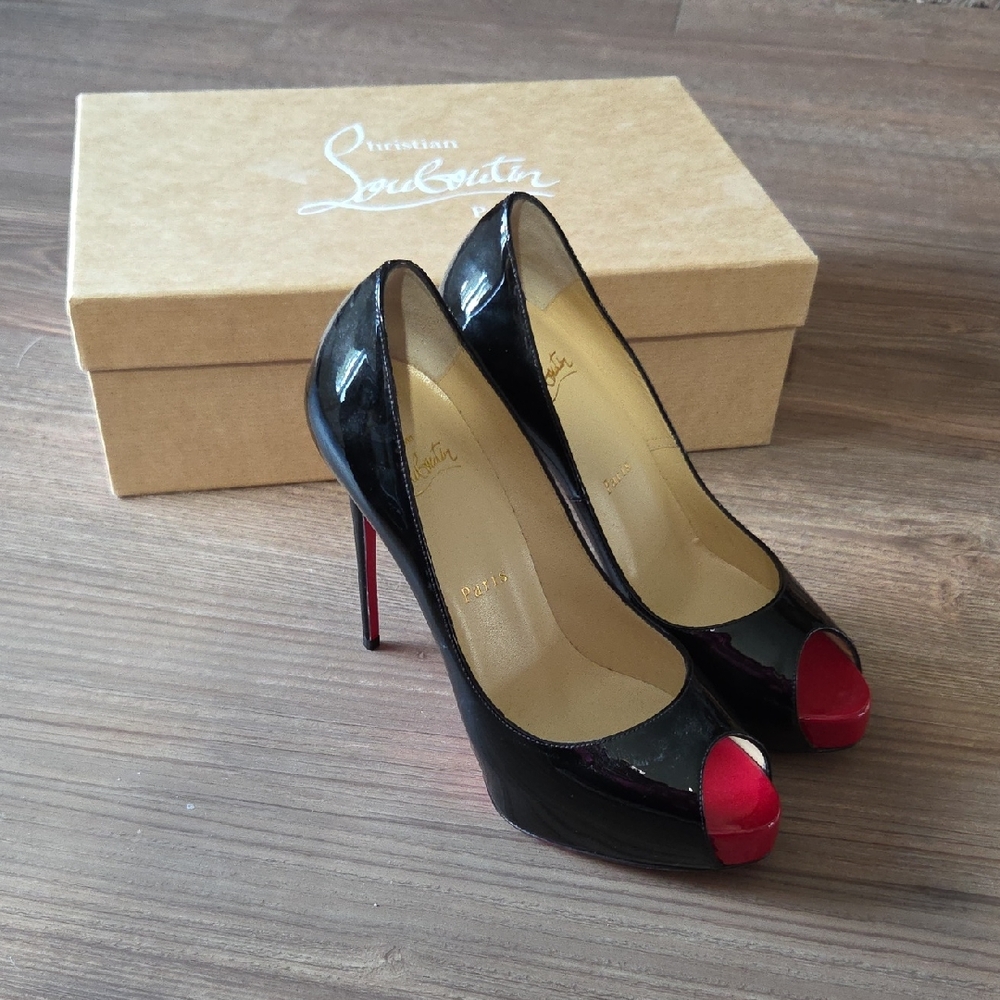 Christian Louboutin Black Patent Peep-Toe Pumps with Red Accent